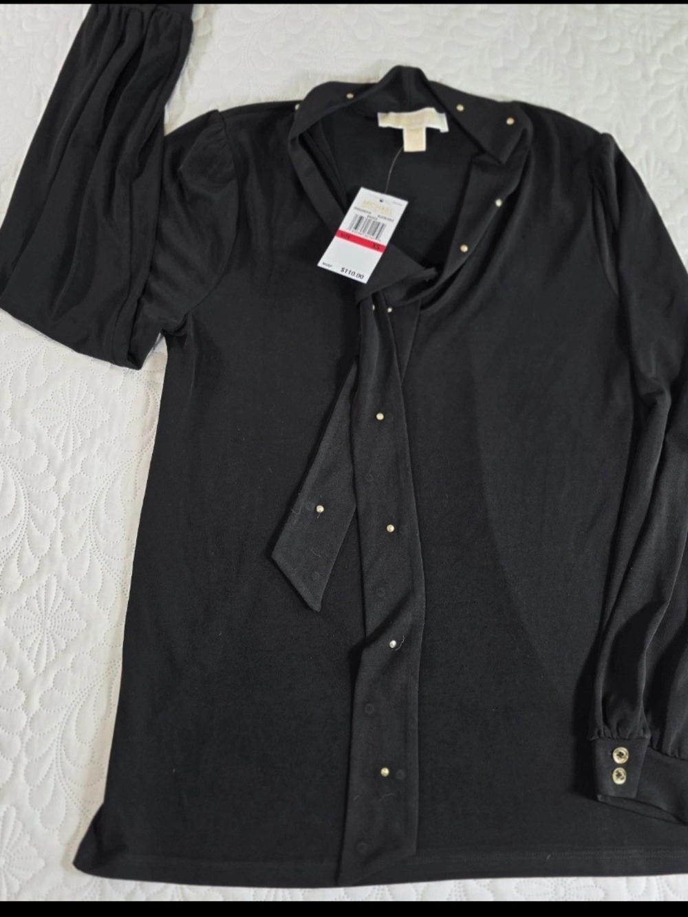 NWT MICHAEL Michael Kors Blouse XS Black Long Sleeve Gold Studs Tie Neck